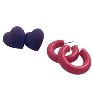 Vintage Lot 2 Stud Earrings Chunky Pink Hoops Purple Hearts Plastic Fun Playful